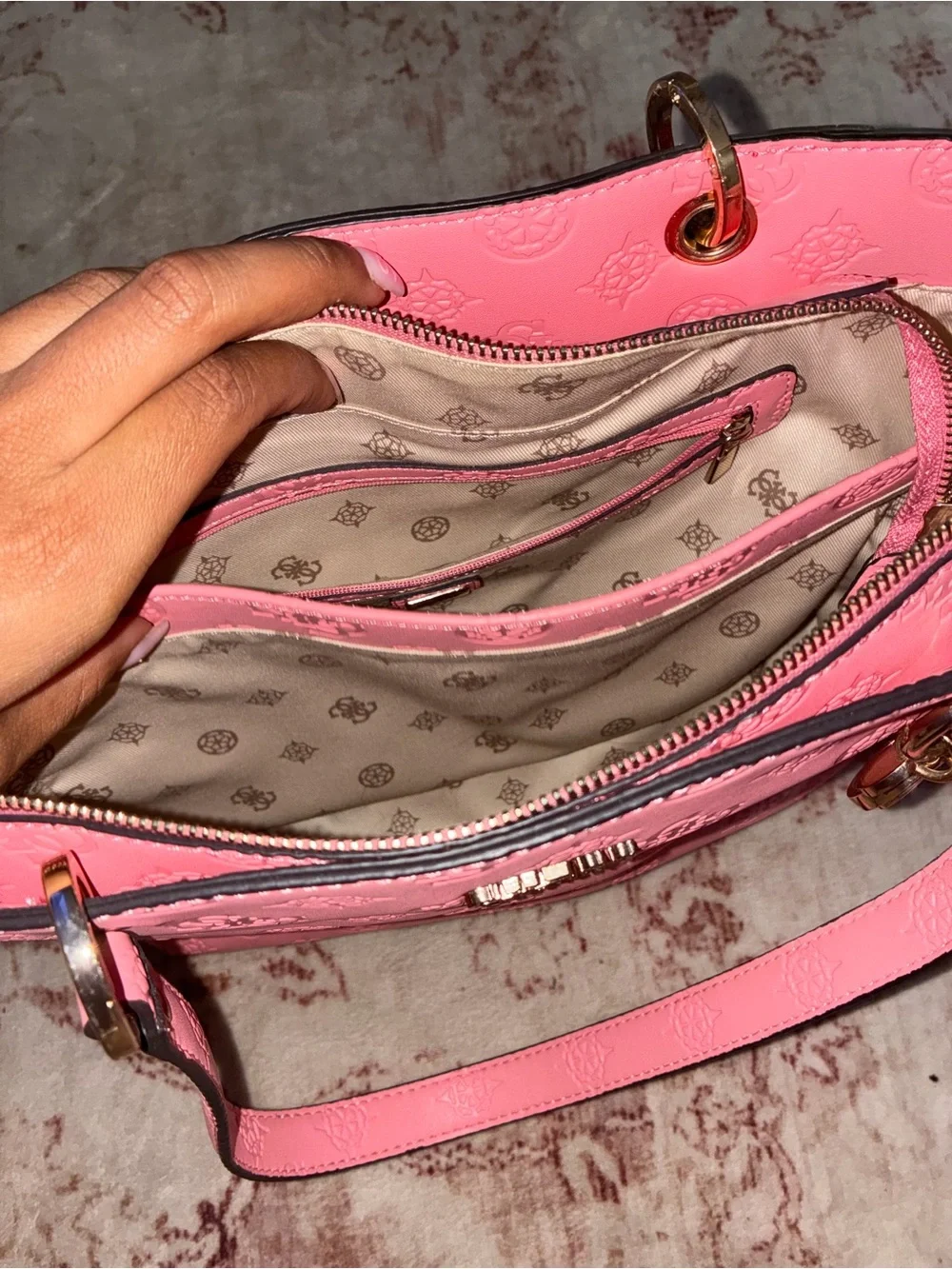 GUESS Pink Embossed Tote with Gold Accents